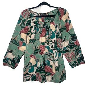 Sara Michelle Blouse 3/4 Sleeve Green Floral Pleated Scoop Neck Size L